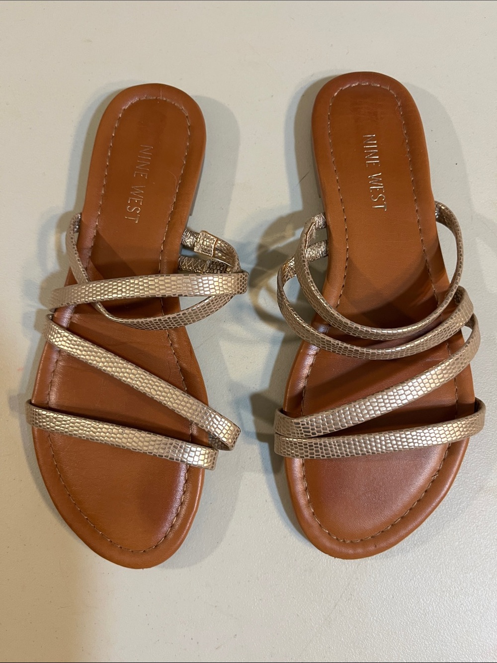 Nine West Metallic Rose Gold Multi-Strap Slide Sandals